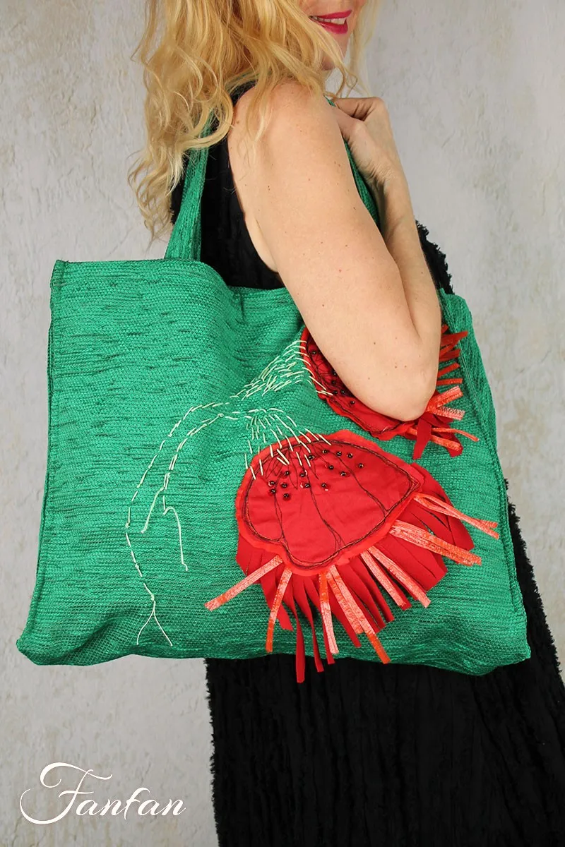 Filly Biz Grand sac cabas Green poppies