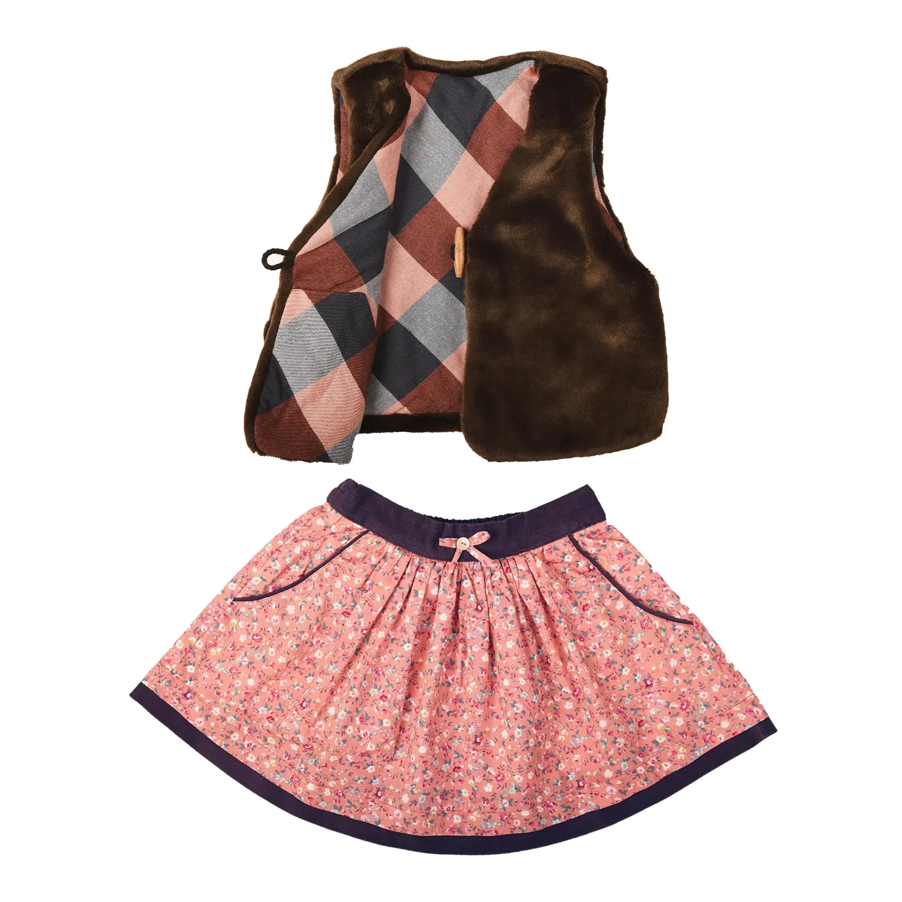 Girl’s outfit | Apricot liberty skirt & brown shepherd’s vest