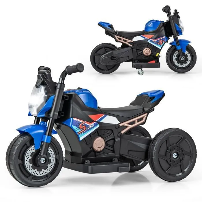 Moto Électrique Enfants 6V - COSTWAY - Conversion 2/3 Roues - Effets Lumineux et Sonores - Bleu