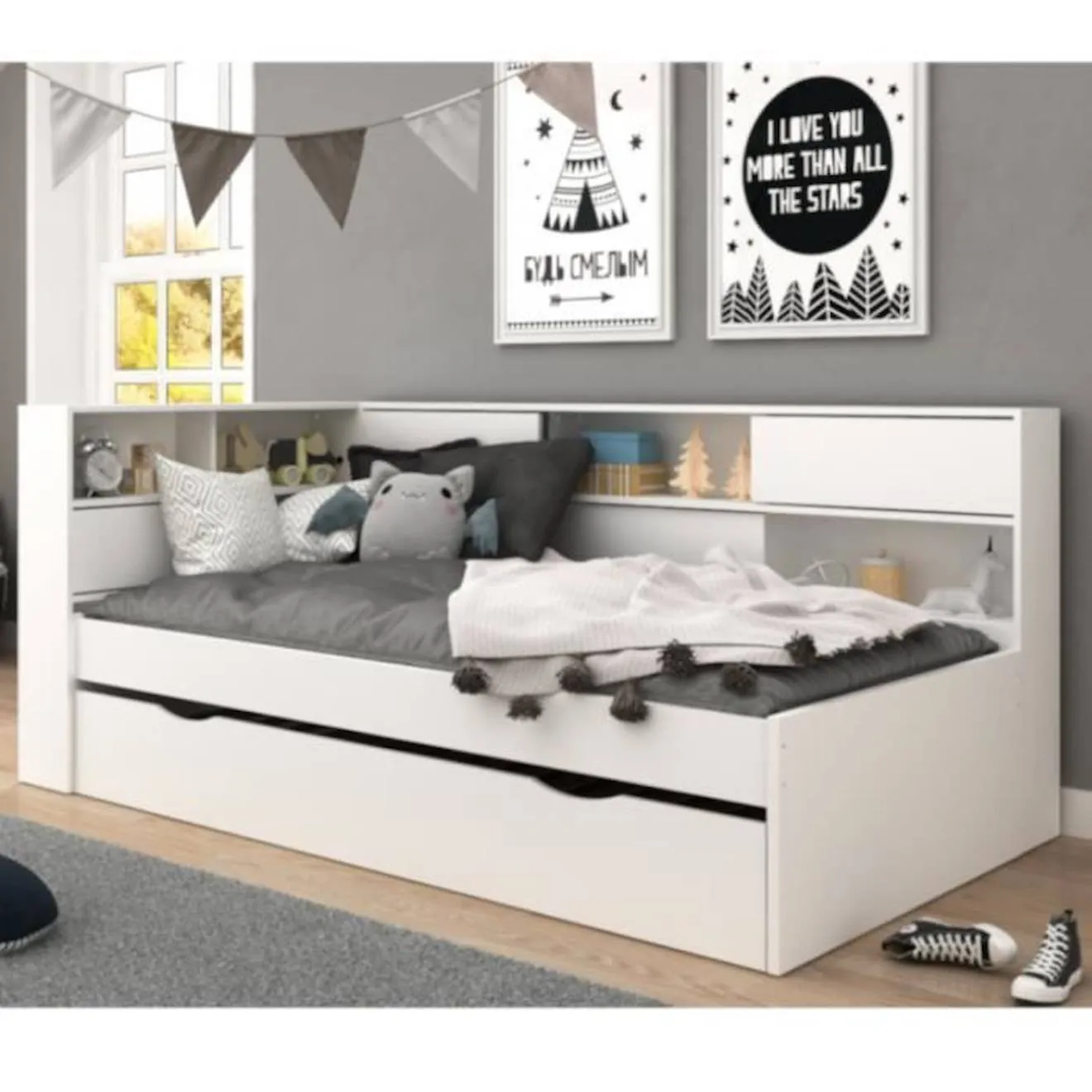 Pack lit cosy avec matelas Play Blanc et bois 90x190 cm blanc - Akiten Retail